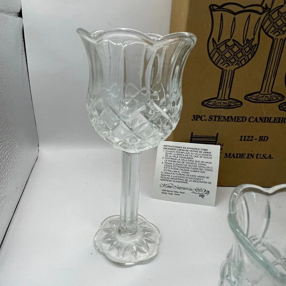 Home Interiors Stemmed Candle Holder Set 3pc Clear Glass Diamond Cut Vintage 90s